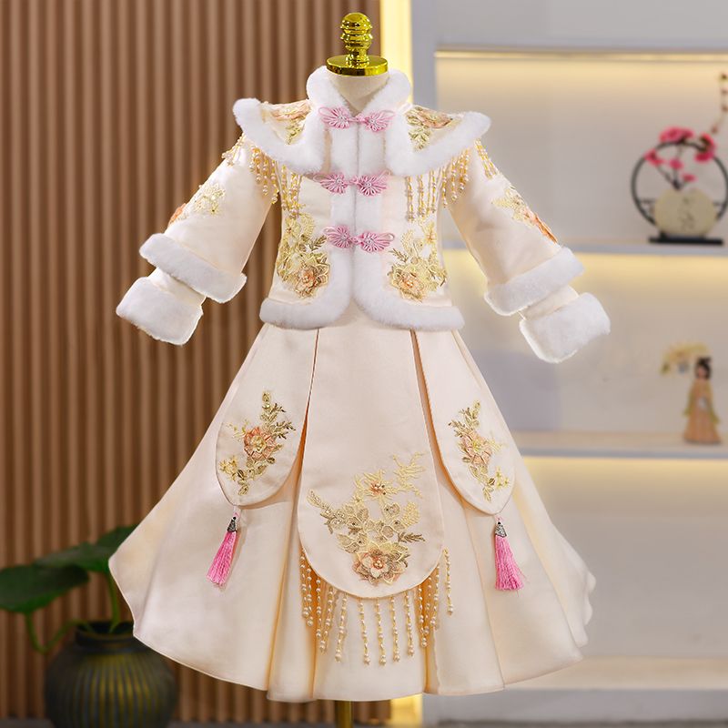 高端女童冬季汉服秋冬中国风儿童古风拜年服中大童古装加绒过年服