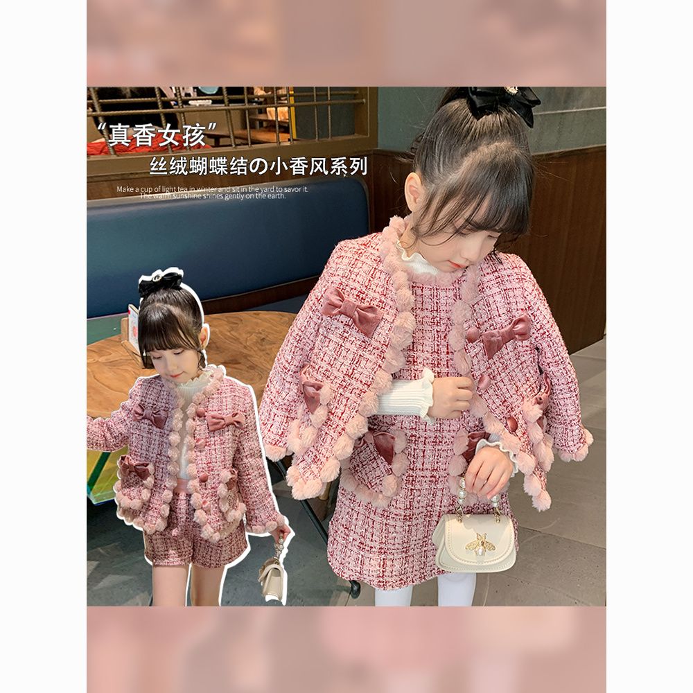 女童套装2022新款儿童冬装加绒加厚外套新年服宝宝小香风两件套裙