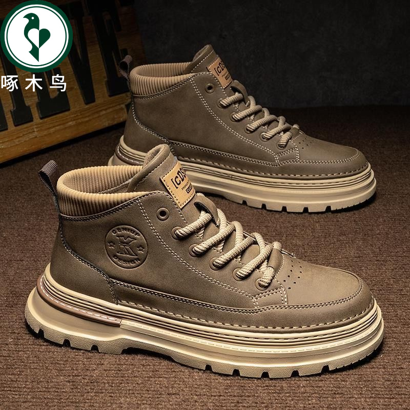 【正品】啄木鸟男鞋秋冬新款复古中帮马丁靴男士休闲工装鞋低帮短