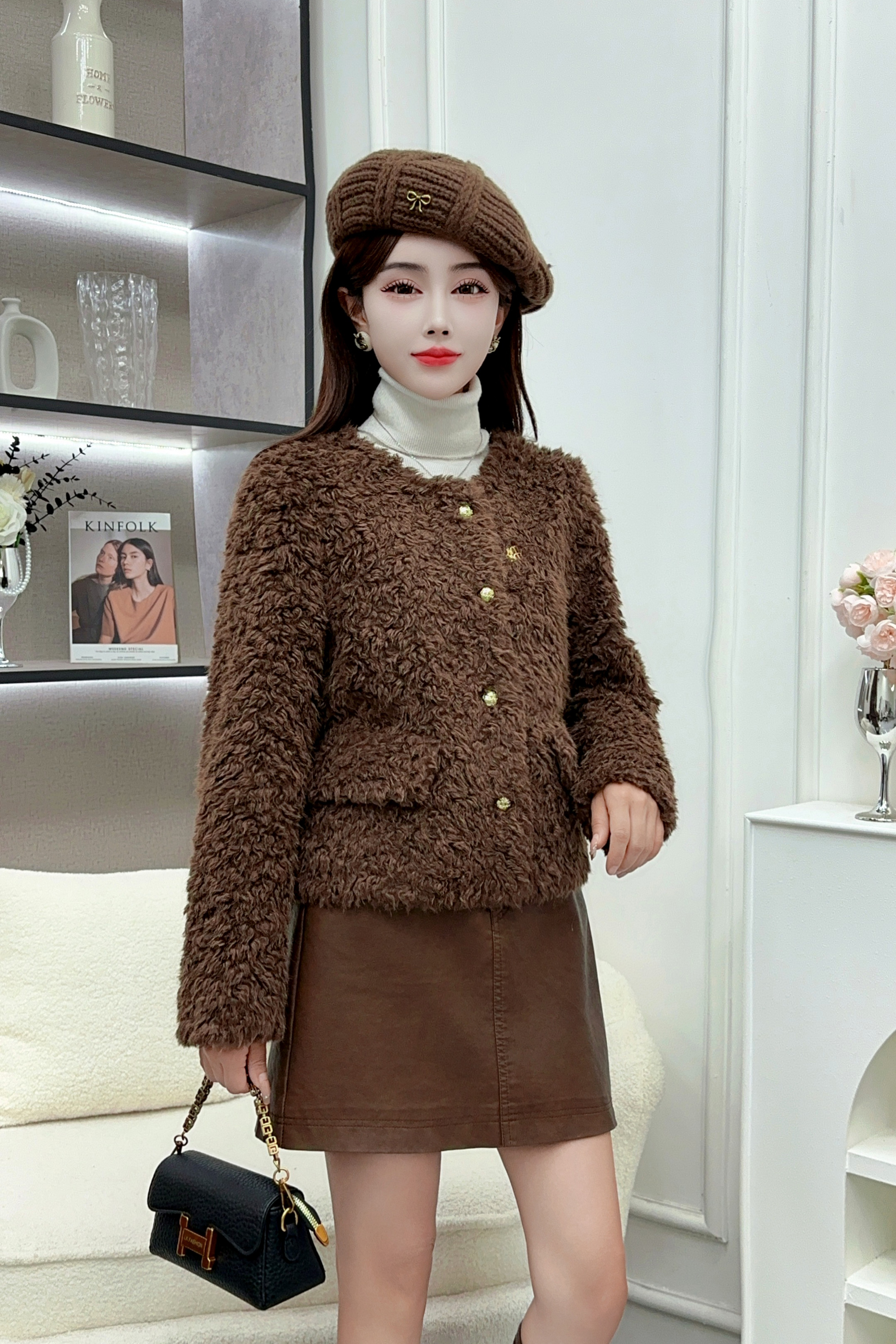 气质皮毛一体小香风外套秋冬新款女士短外套--903