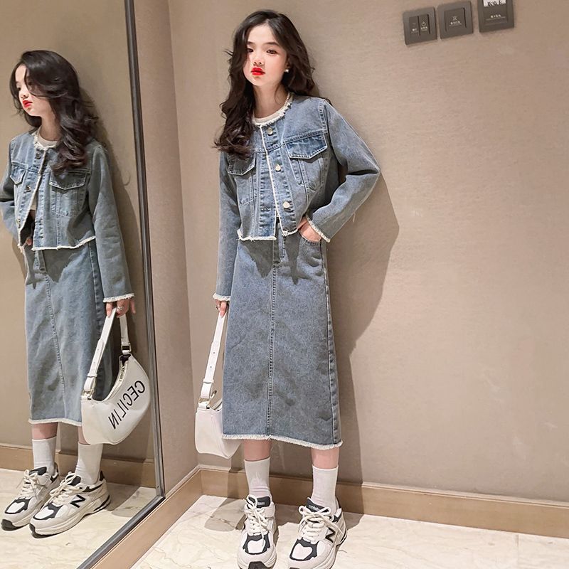 女童春装套装2023新款洋气中大儿童时髦春秋女孩牛仔裙两件套潮衣