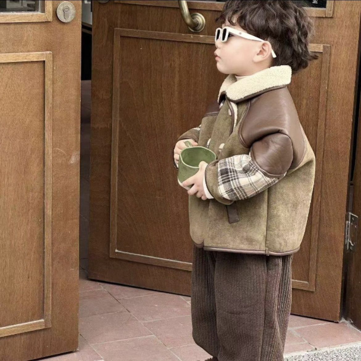 男童冬季新款时尚韩版保暖外出外套2023男女宝宝拼色格子加绒外套