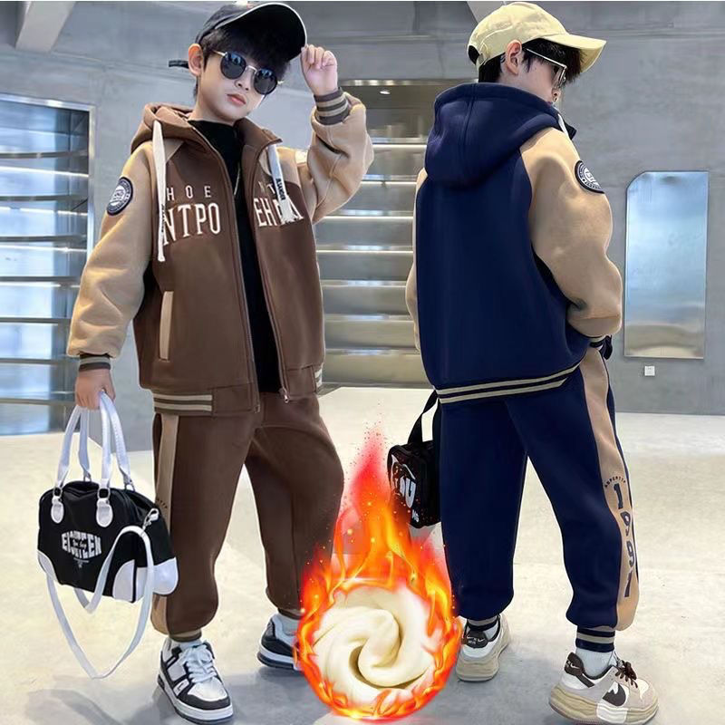 2023男童秋冬加绒加厚套装棒球服运动卫衣套装中大童儿童两件套潮