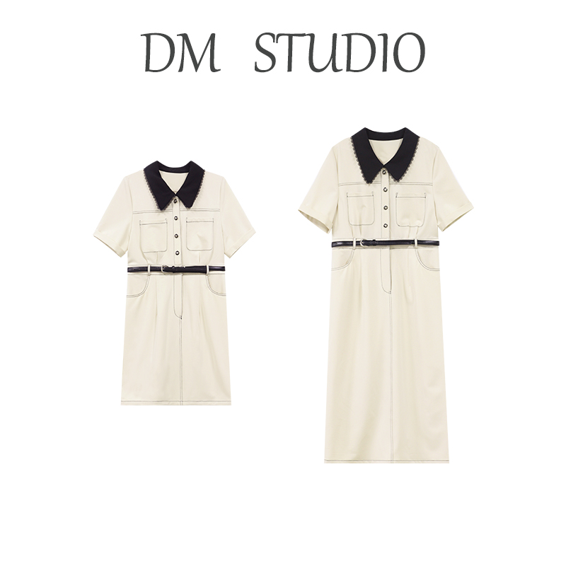 DM19318【街拍C位】 时尚撞色小翻领门禁撞色金属扣减龄百搭连衣裙