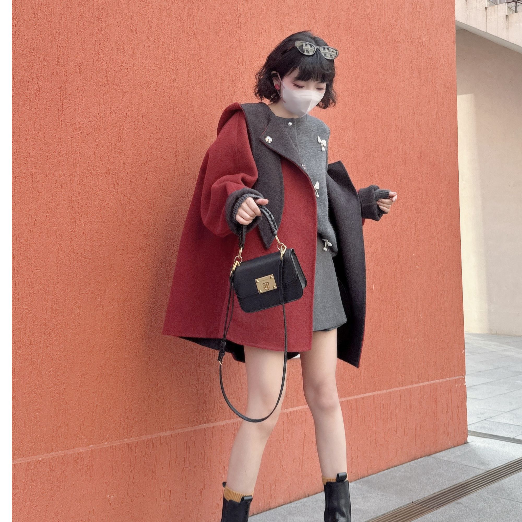 【小红帽】简约风秋冬韩版宽松显瘦中长款连帽兔耳朵外套 242319