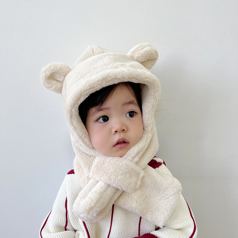 儿童帽子围巾一体冬季男女童宝宝加绒保暖护耳帽可爱小熊套头帽潮