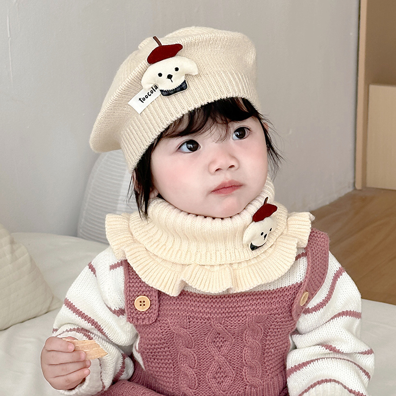 婴儿贝雷帽秋冬季儿童保暖婴儿套头帽韩系男女宝宝画家帽围巾套装