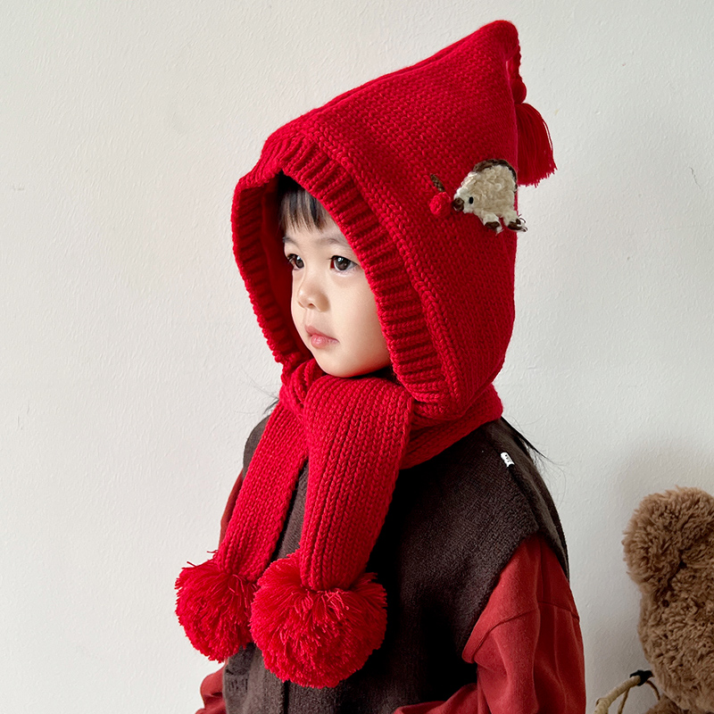 韩版儿童帽子围巾一体加厚保暖针织帽冬季可爱卡通护耳刺猬套头帽