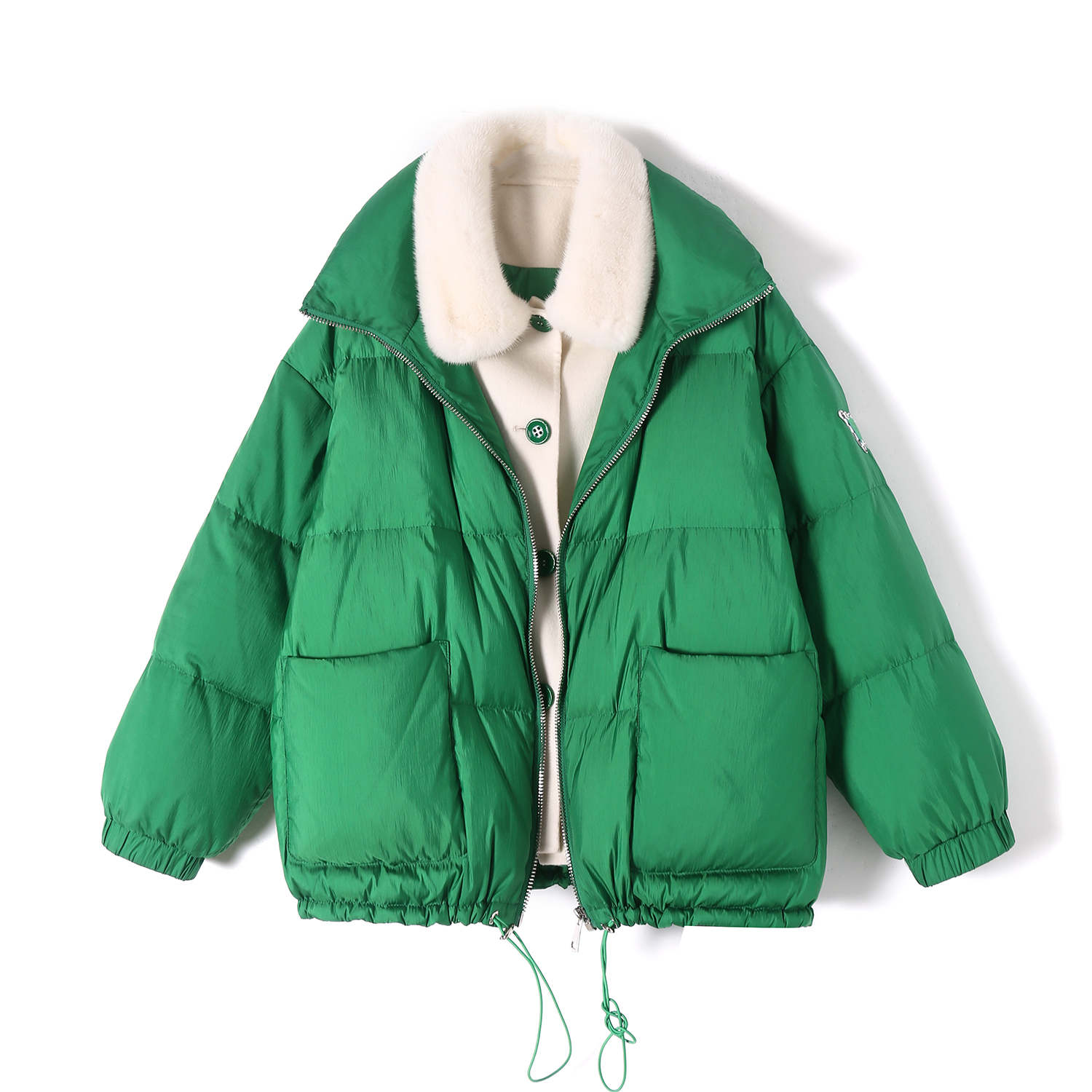 370813 桑蚕丝10 羊驼10 水貂毛领 填充90鹅绒羽绒服面包短款外套