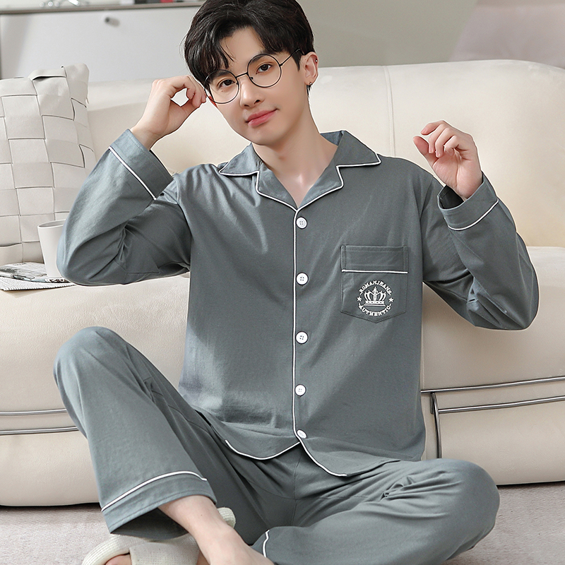 100%全棉男士睡衣长袖春秋季夏天中青年短袖休闲宽松家居服两件套