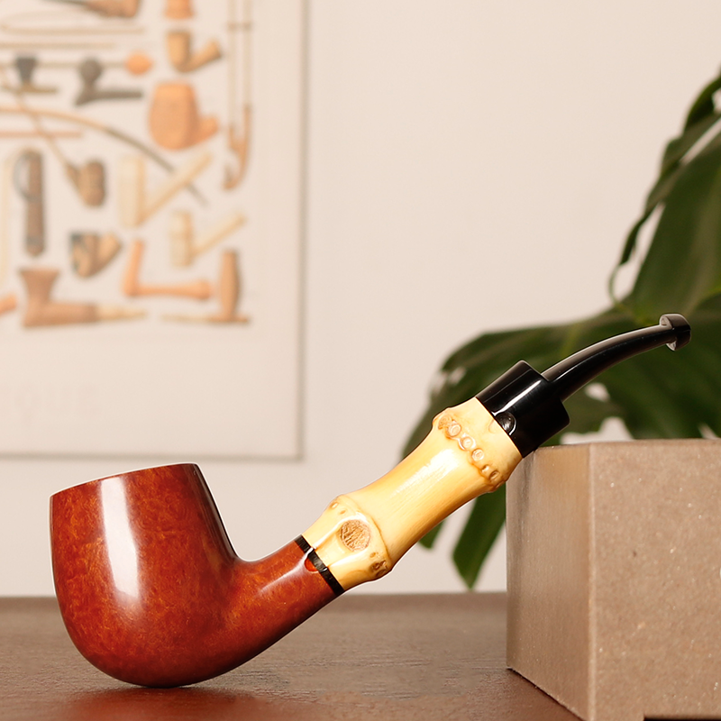 日本 Tsuge 柘植 光面竹节微弯 3mm烟道 石楠木 烟斗
