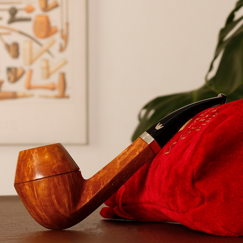 意大利 火焰王 浅色光面牛头弯斗 双皇冠 银圈 手工石楠木 烟斗