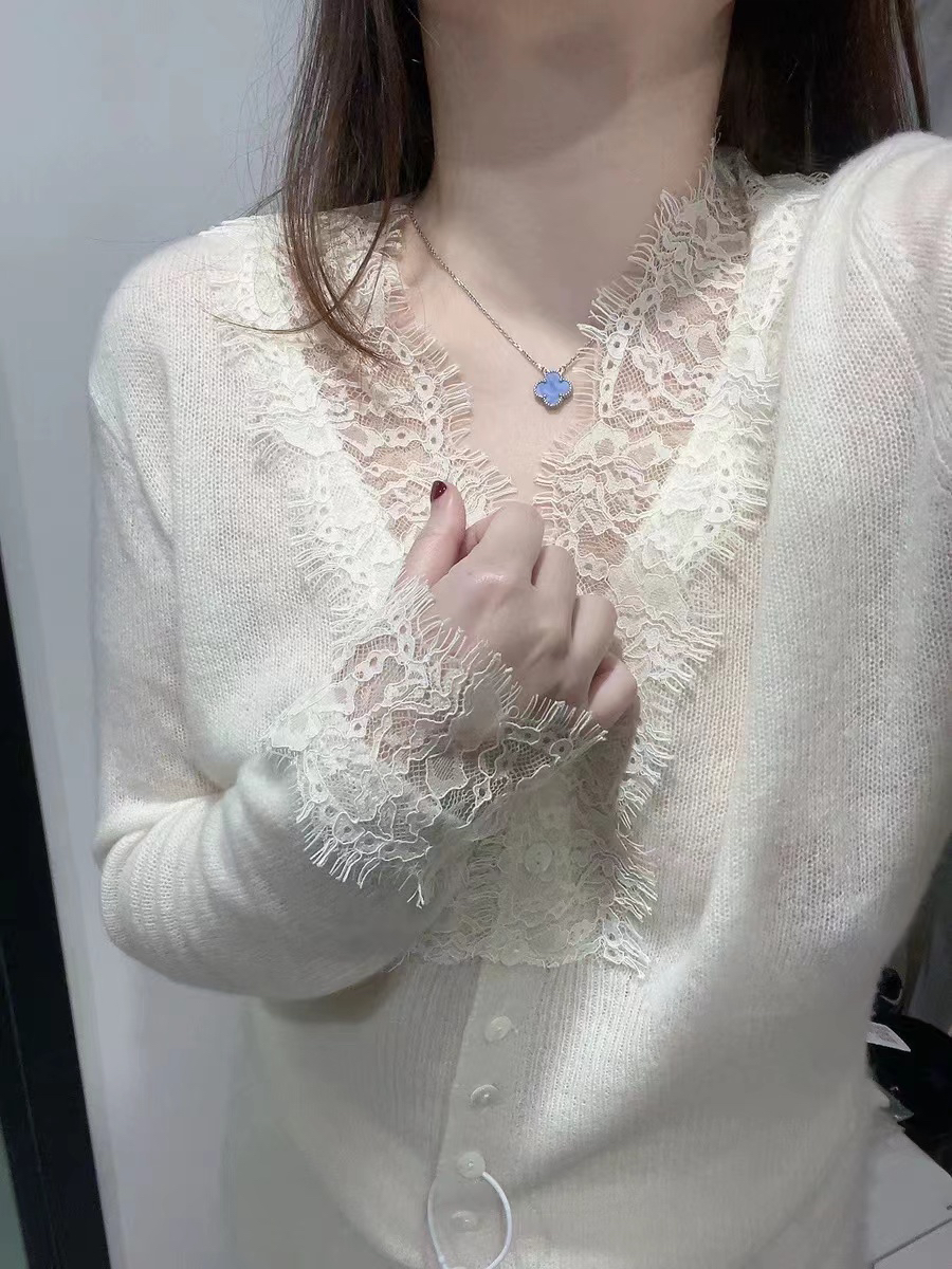 【晓雪家】100%山羊绒V领显瘦蕾丝花边针织羊绒衫