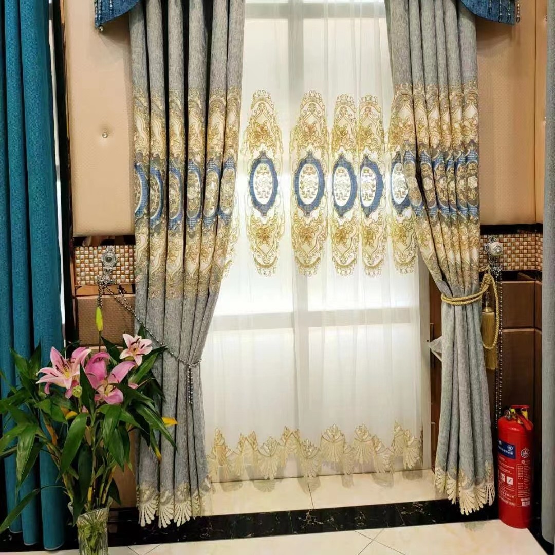 灰色雪尼尔暗纹小镂空刺绣窗帘客厅飘窗帘阳台帘2.7米高