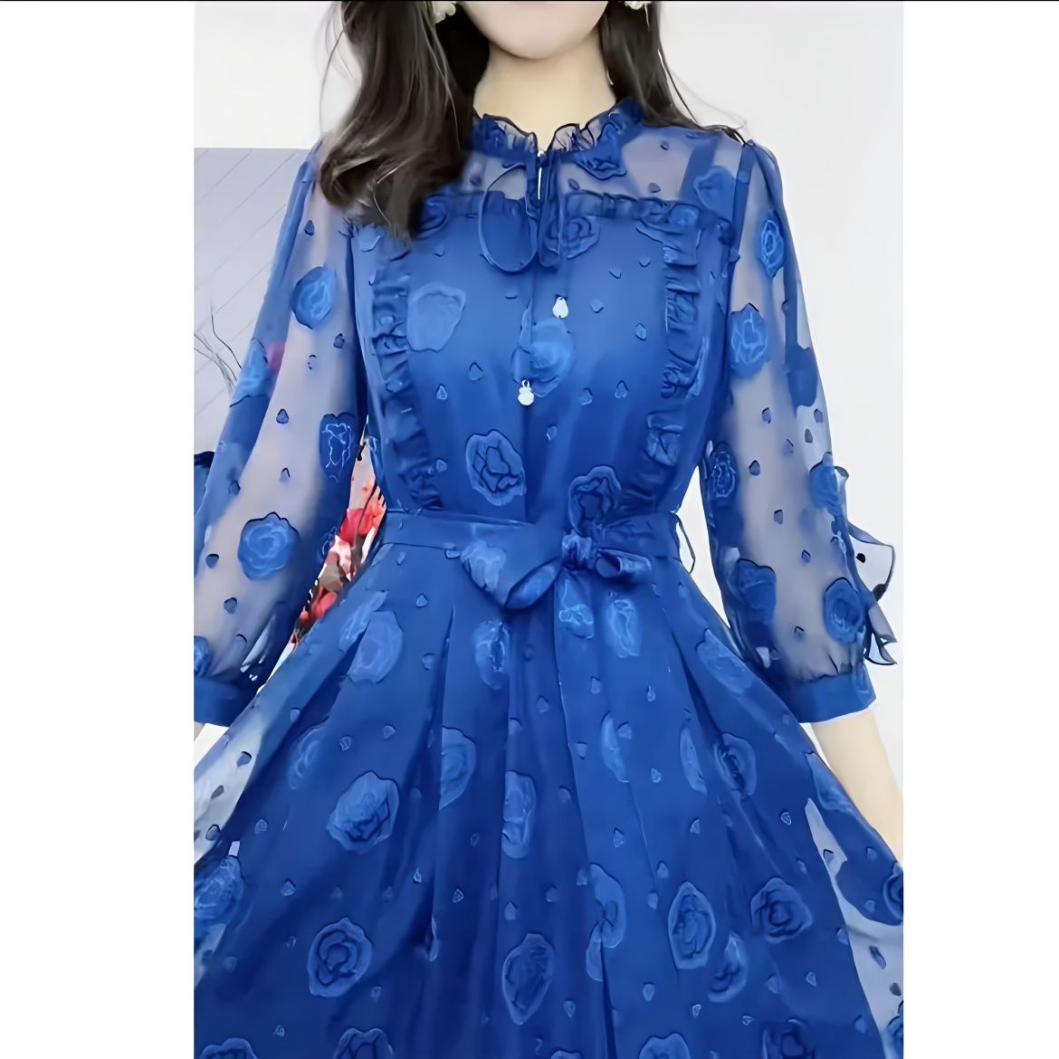 2024春夏季新款时尚轻熟风圆领七分袖中长款气质感显瘦连衣裙