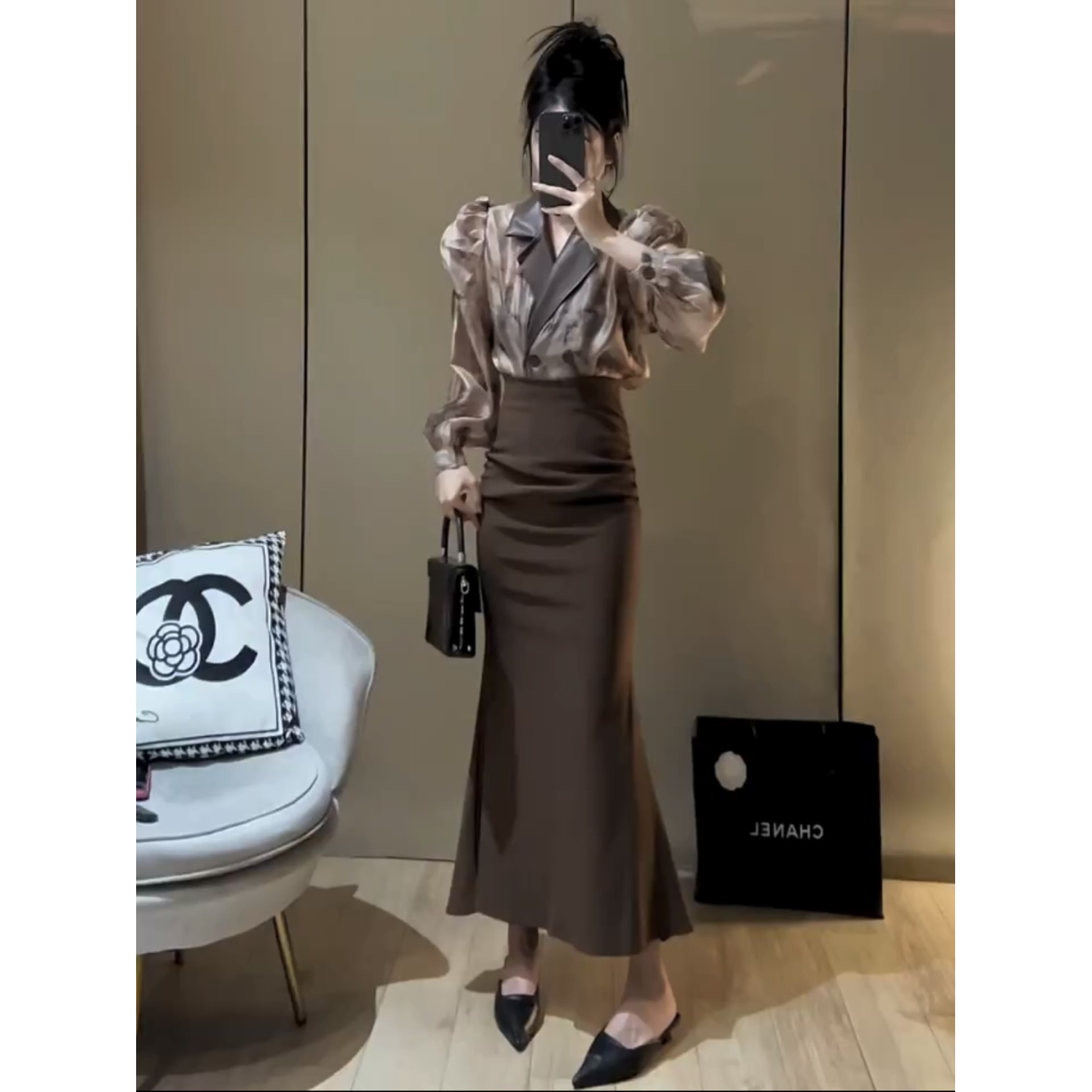 2024年早秋新款御姐风气质领拼接长袖衫高腰显瘦直筒长裙气质套装