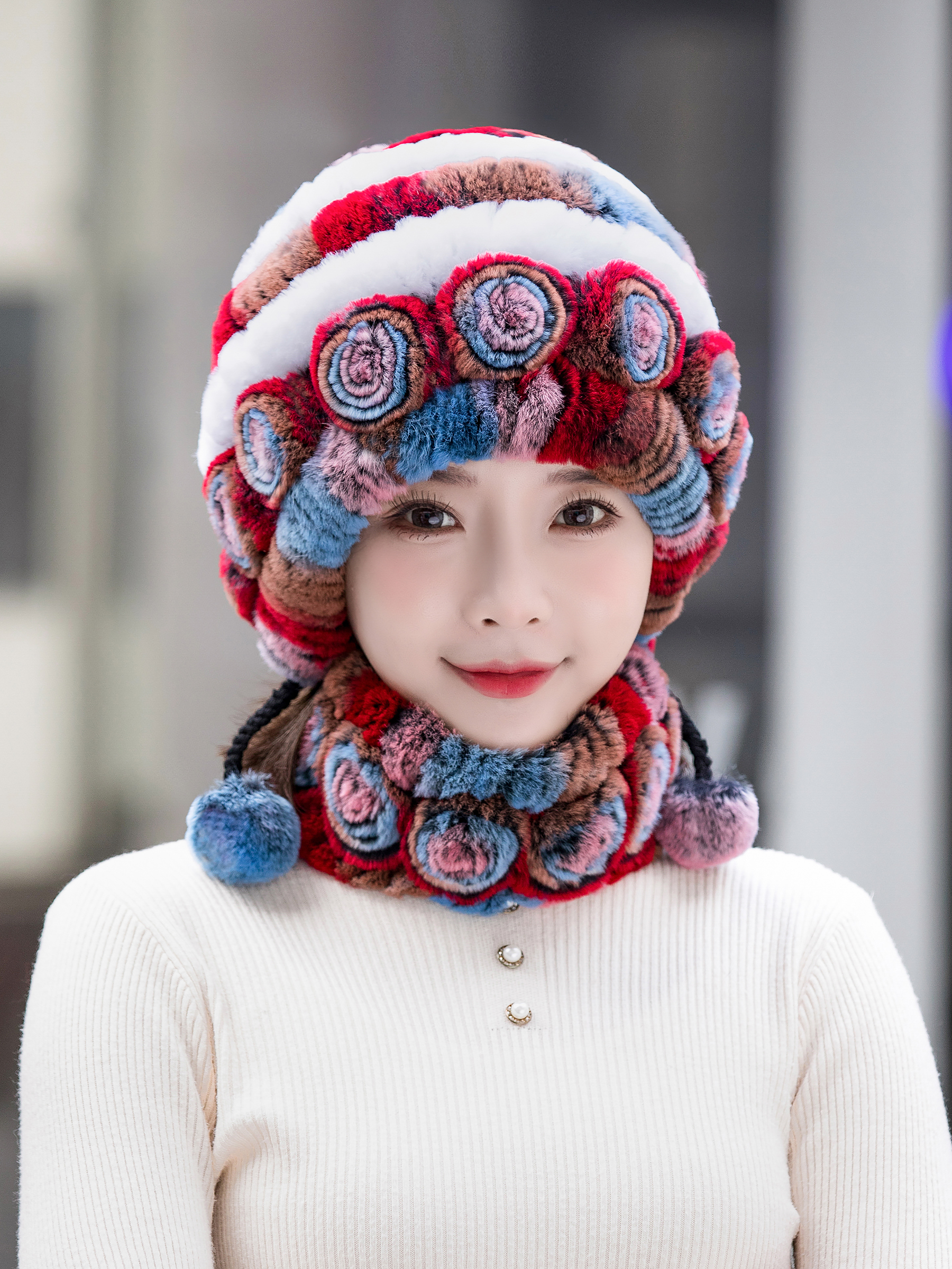 冬季真兔毛帽子脖套套装防寒防风加厚时尚