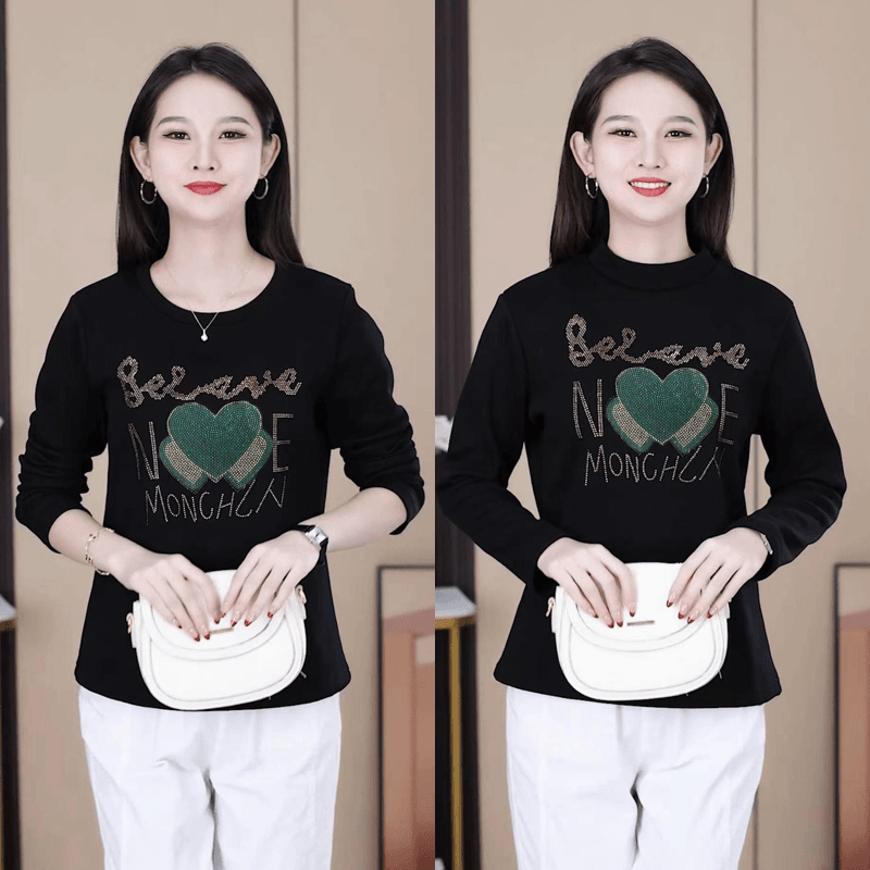 秋冬季高档烫钻洋气t恤女宽松大码长袖亮钻时尚中老年妈妈装女士