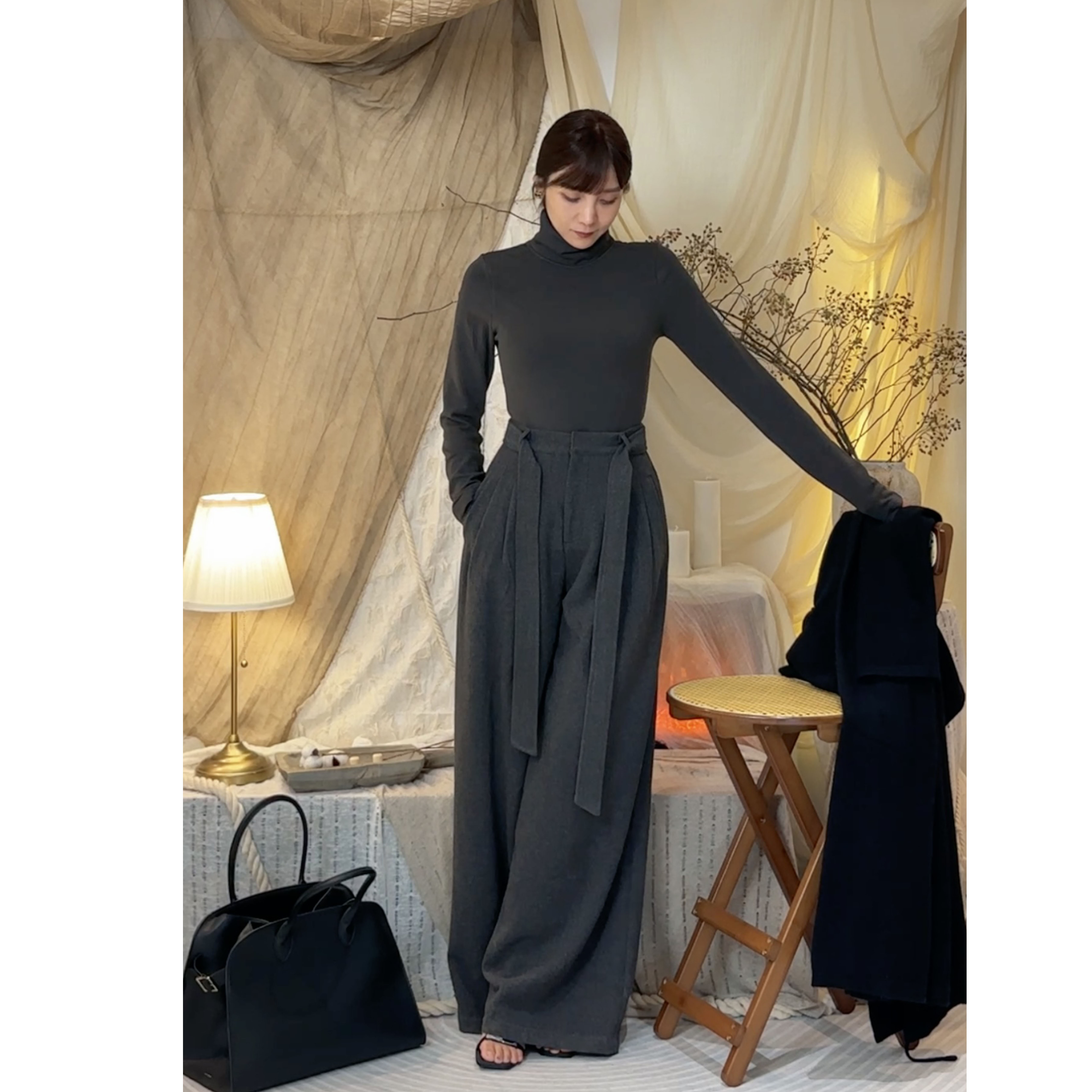 Zyi简约显瘦绑带阔腿裤百搭宽松长裤秋冬秋季裤子垂感女款新款