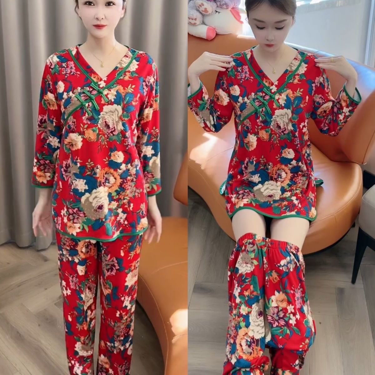 秋冬新款德绒保暖睡衣显瘦国风盘扣套装两件套大码宽松家居服套装