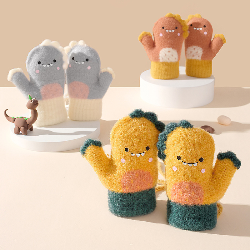 冬季加绒加厚包指手套小恐龙可爱全指防寒保暖挂脖手套卡通毛绒