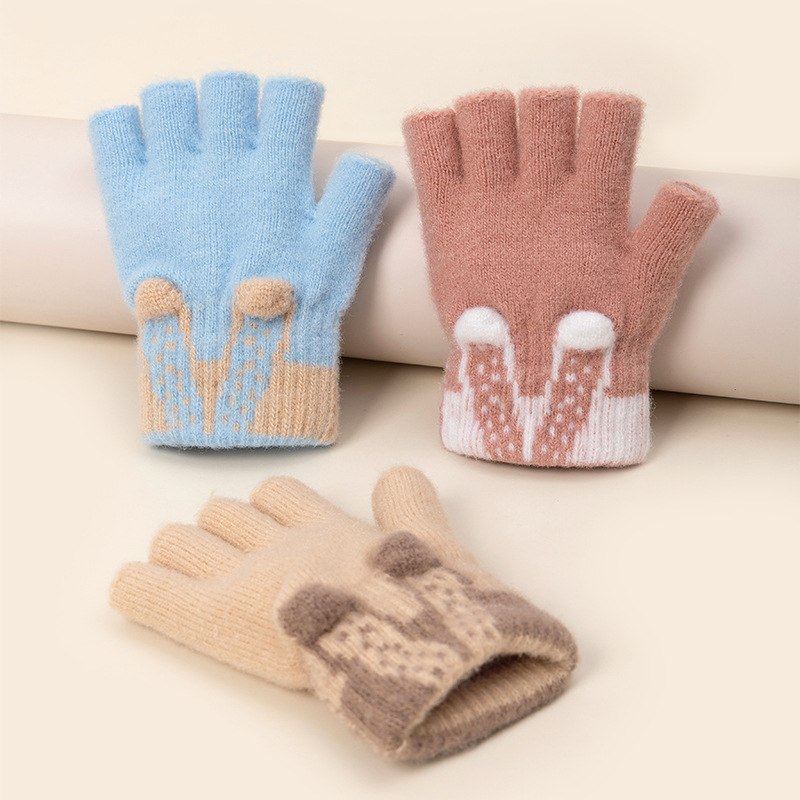 毛线手套冬季可爱半指露指防寒保暖针织卡通写字毛绒小孩学生加绒
