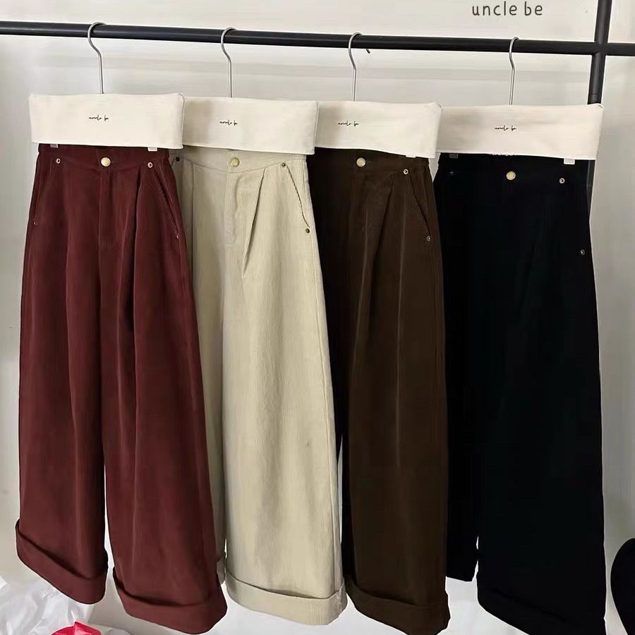 美拉德咖色加绒阔腿拖地裤休闲裤女冬季宽松bf慵懒风直筒长裤子