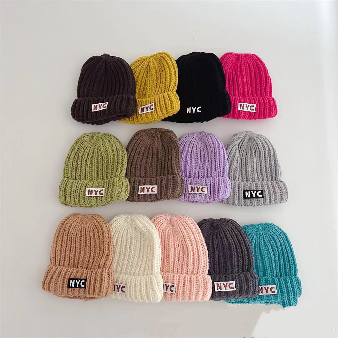 ins韩版儿童个性字母NYC针织帽秋冬新款男女童宝宝保暖卷边毛线帽