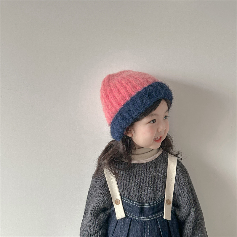 韩版儿童帽子冬2025新款ins男女童保暖毛线宝宝护耳帽拼色针织帽