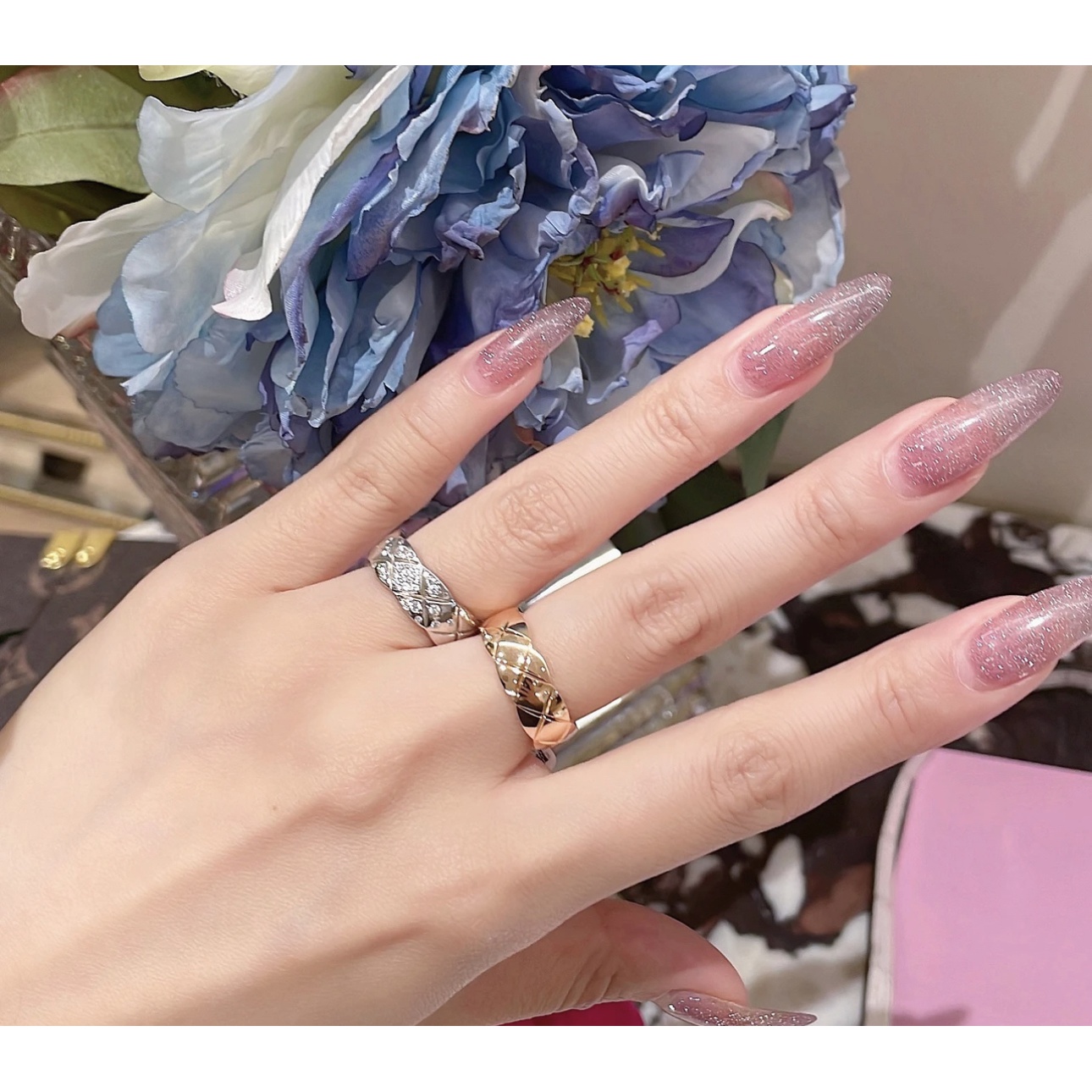 合金戒指 《菱格无钻》菱格镶嵌钻 戒指素款窄版小众金色银色带钻