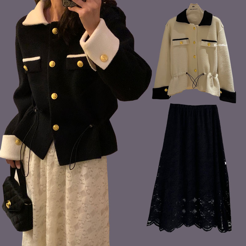 名媛气质小香风外套+蕾丝半裙酷盐甜系炸街两件套装女小个子收腰