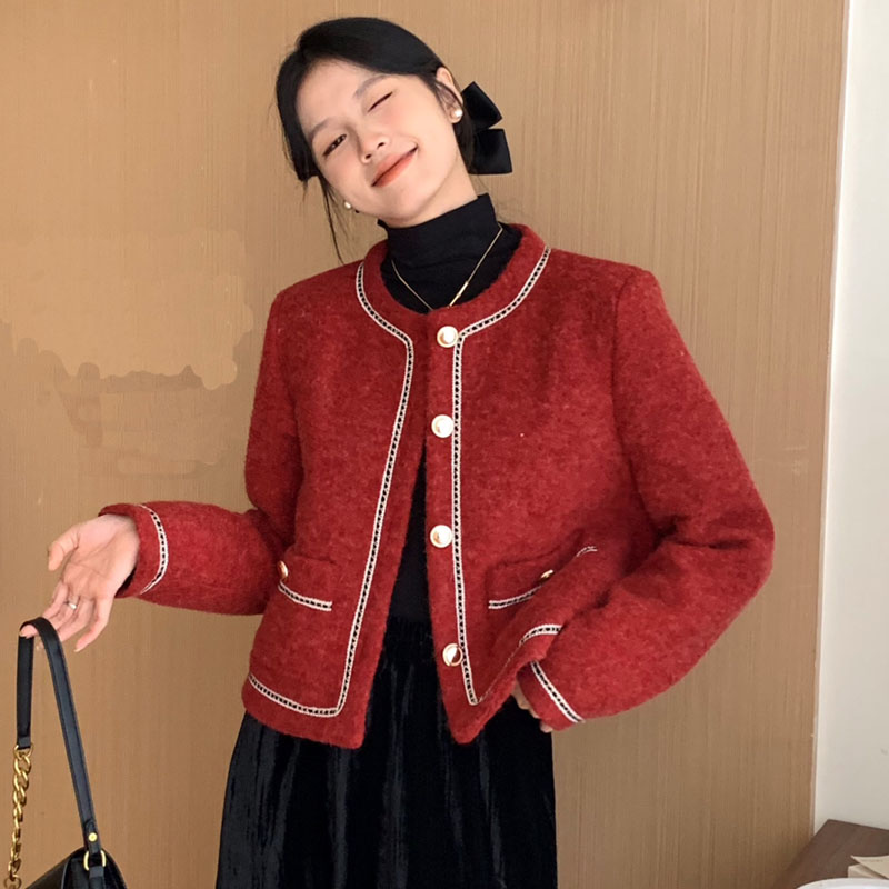 名媛气质冬季加厚保暖羽绒呢料小香风短外套女简约百搭低圆领2023