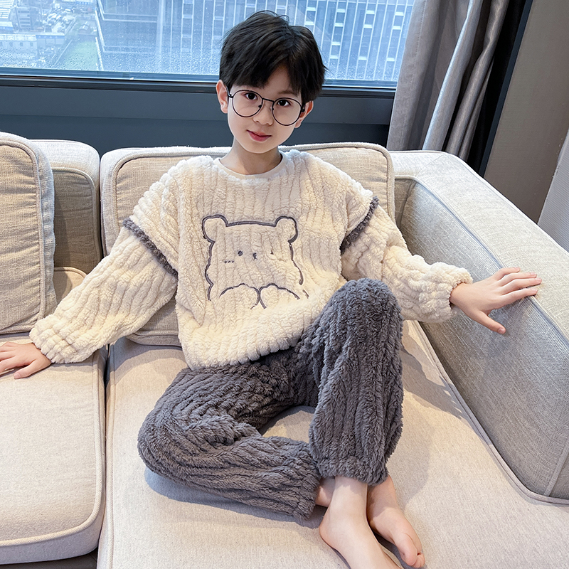 男童法兰绒睡衣套装秋冬加厚2023新款儿童装冬季家居服珊瑚绒男孩