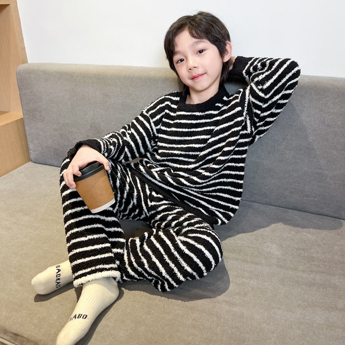 儿童睡衣秋冬装男童珊瑚绒家居服套装2023新款大童冬季条纹秋衣裤