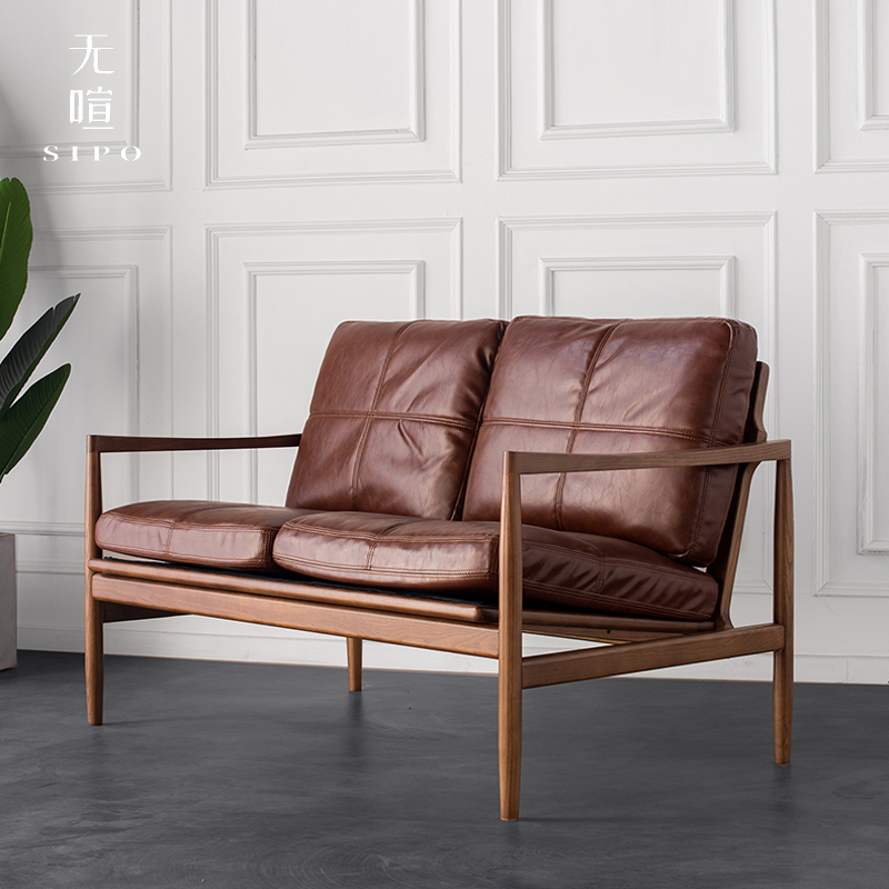 无喧「月辉多人位」实木北欧客厅小户型休闲双三人沙发椅真皮书房