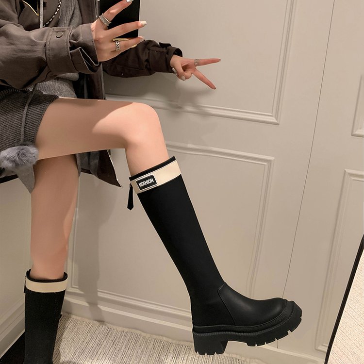 后拉链PU冬季时装靴高筒靴子橡胶