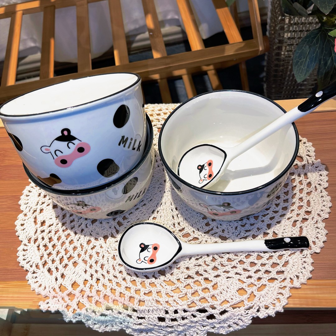 【2碗2勺】陶瓷奶牛米饭碗勺子家用吃饭碗家用餐具可爱易清洗小碗
