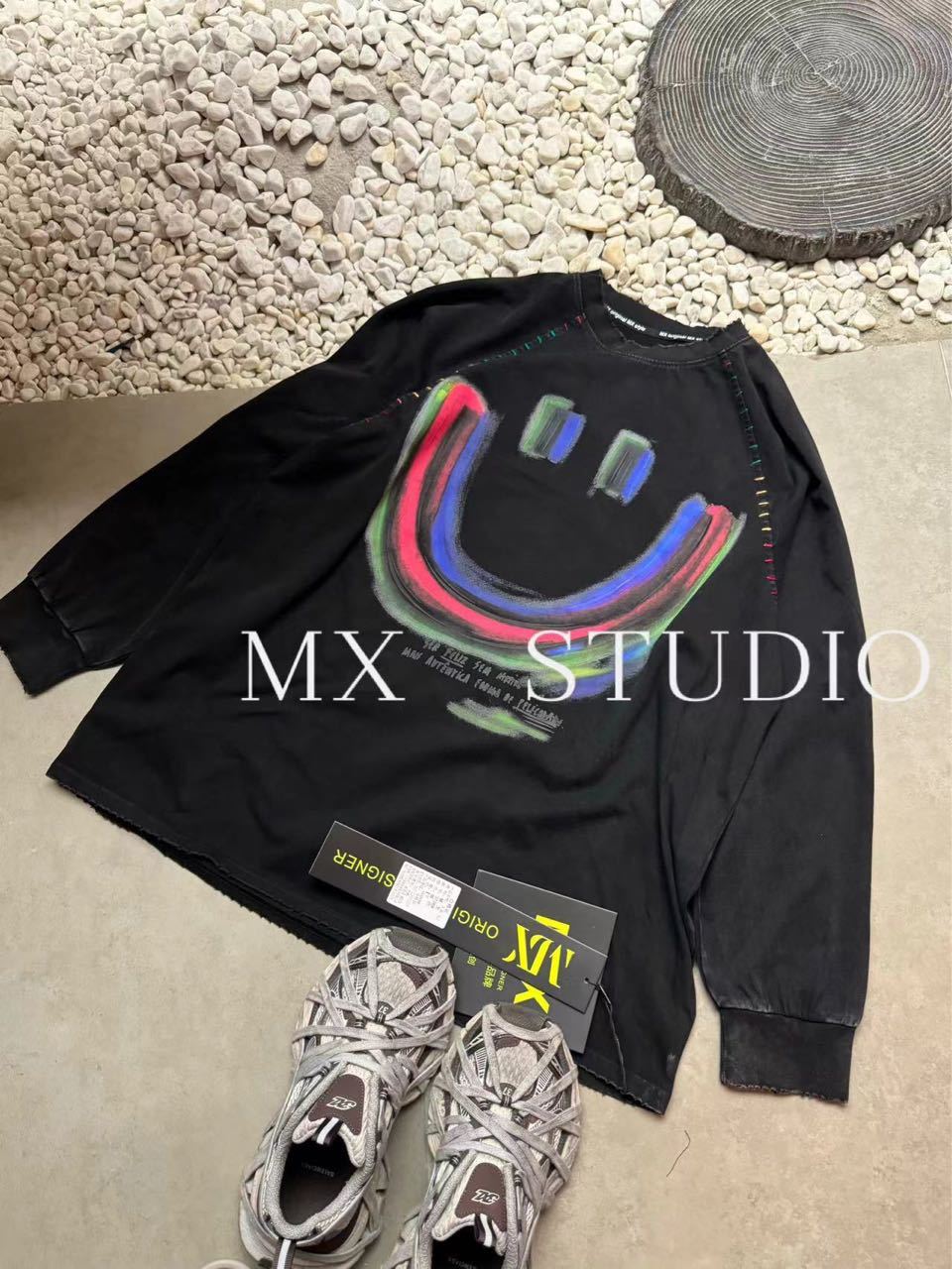 网红笑脸秋冬时尚潮流MX女长袖百搭休闲黑色