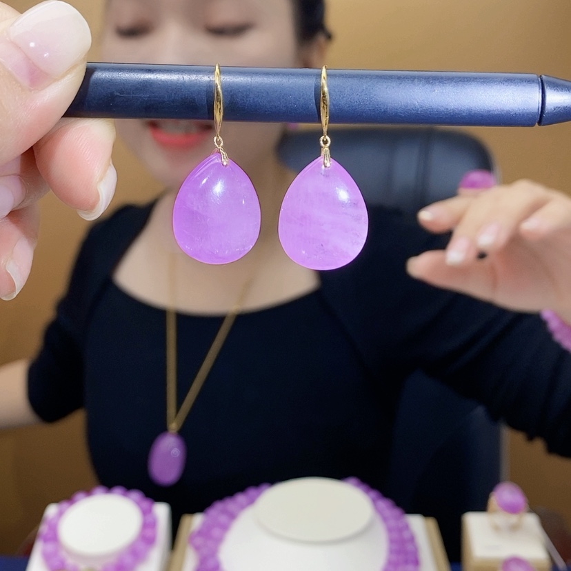 【闪购商品】锂辉石18k 紫锂辉高冰水滴耳坠18K金镶嵌