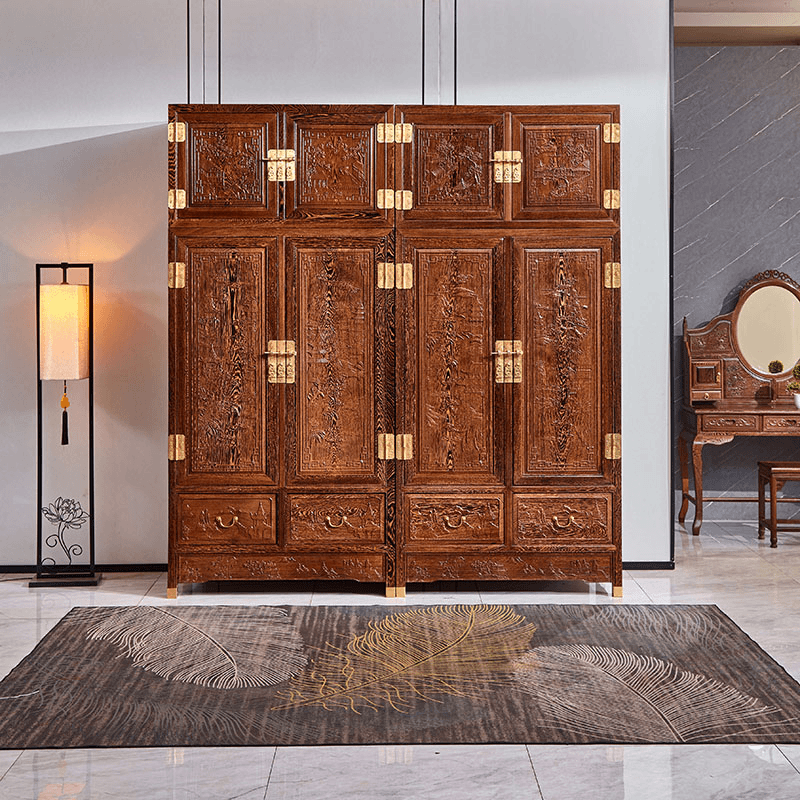 鸡翅木衣柜雕花中式仿古顶箱柜红木家具四门衣柜卧室储物衣柜家用