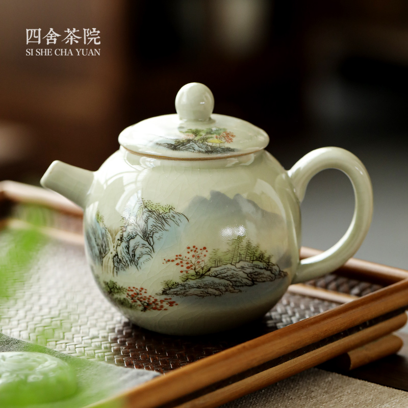 老陶泥茶壶泡茶家用中式复古功夫茶具茶具青山绿水陶瓷小单壶S
