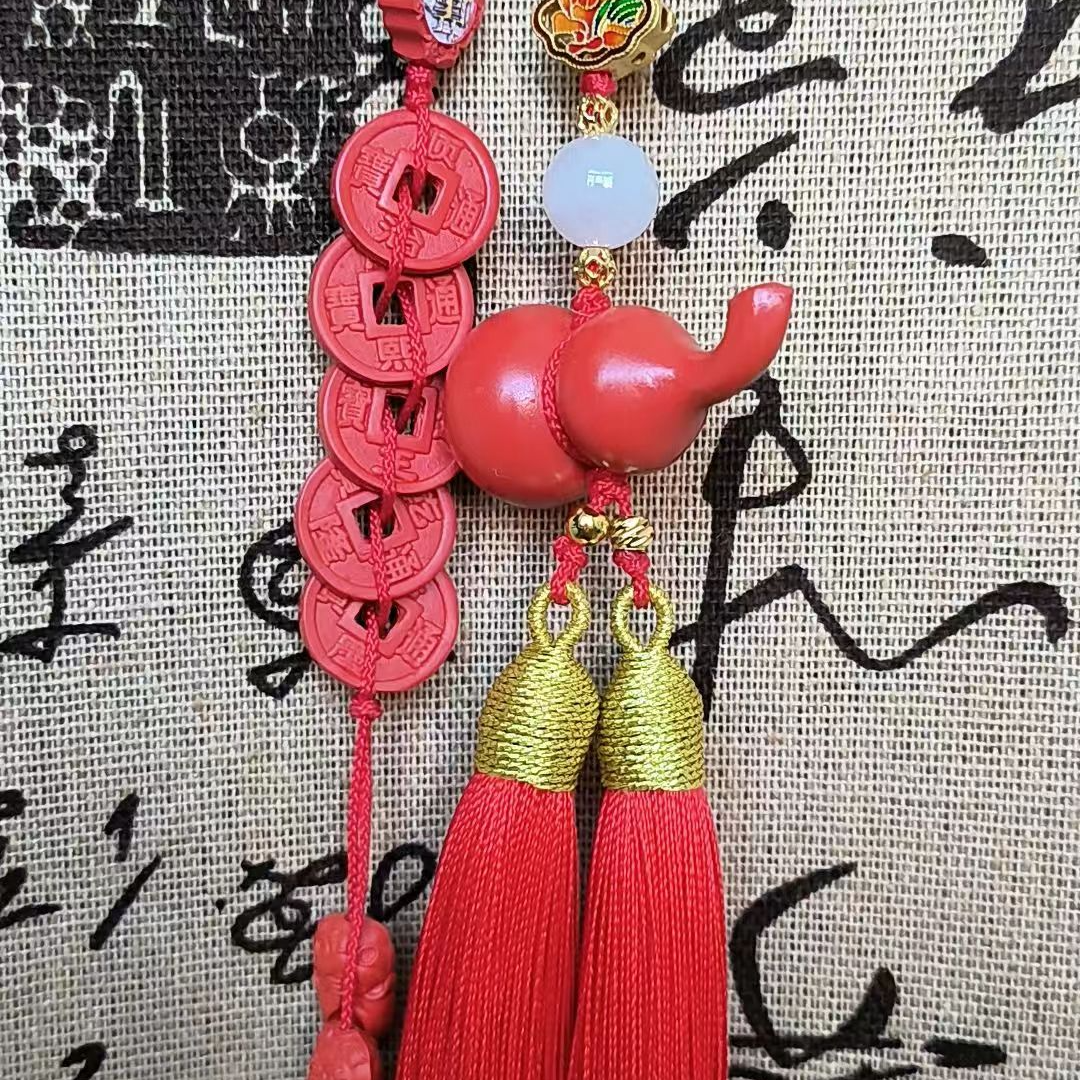 天然辰砂含辰砂工艺品天然红砂五帝葫芦车挂