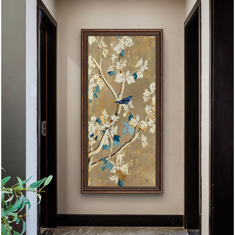 《喜上枝头》美式玄关入户装饰画竖版中式风格花鸟过道挂画走廊壁画