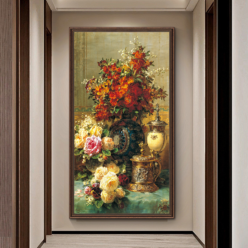 《石榴花开》美式玄关装饰画入户进门处复古花卉挂画古典艺术油画