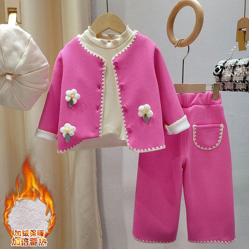 女童装加绒深秋外套2024新款洋气时髦小香风三件套装女宝宝秋装裤