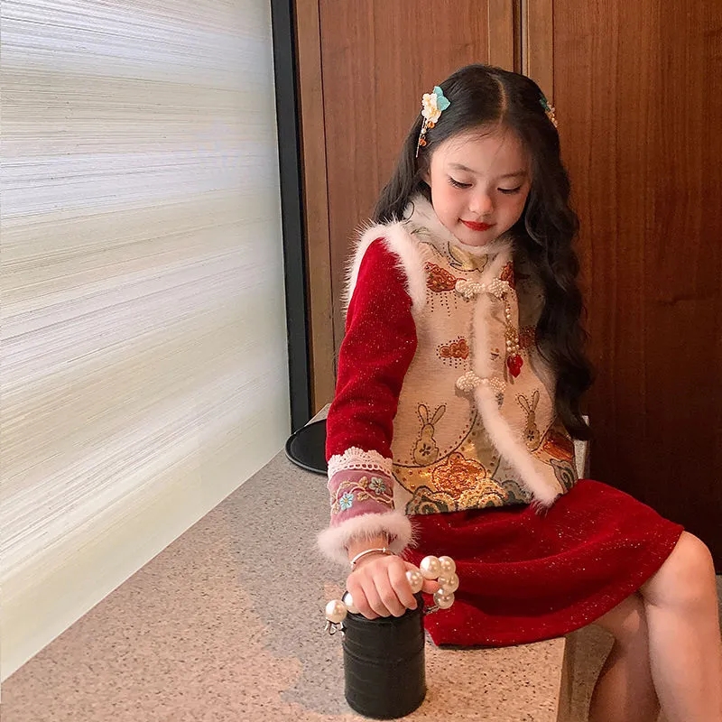 【特价清仓】原创女童平安锁中国风加绒旗袍裙儿童冬红色新年衣服
