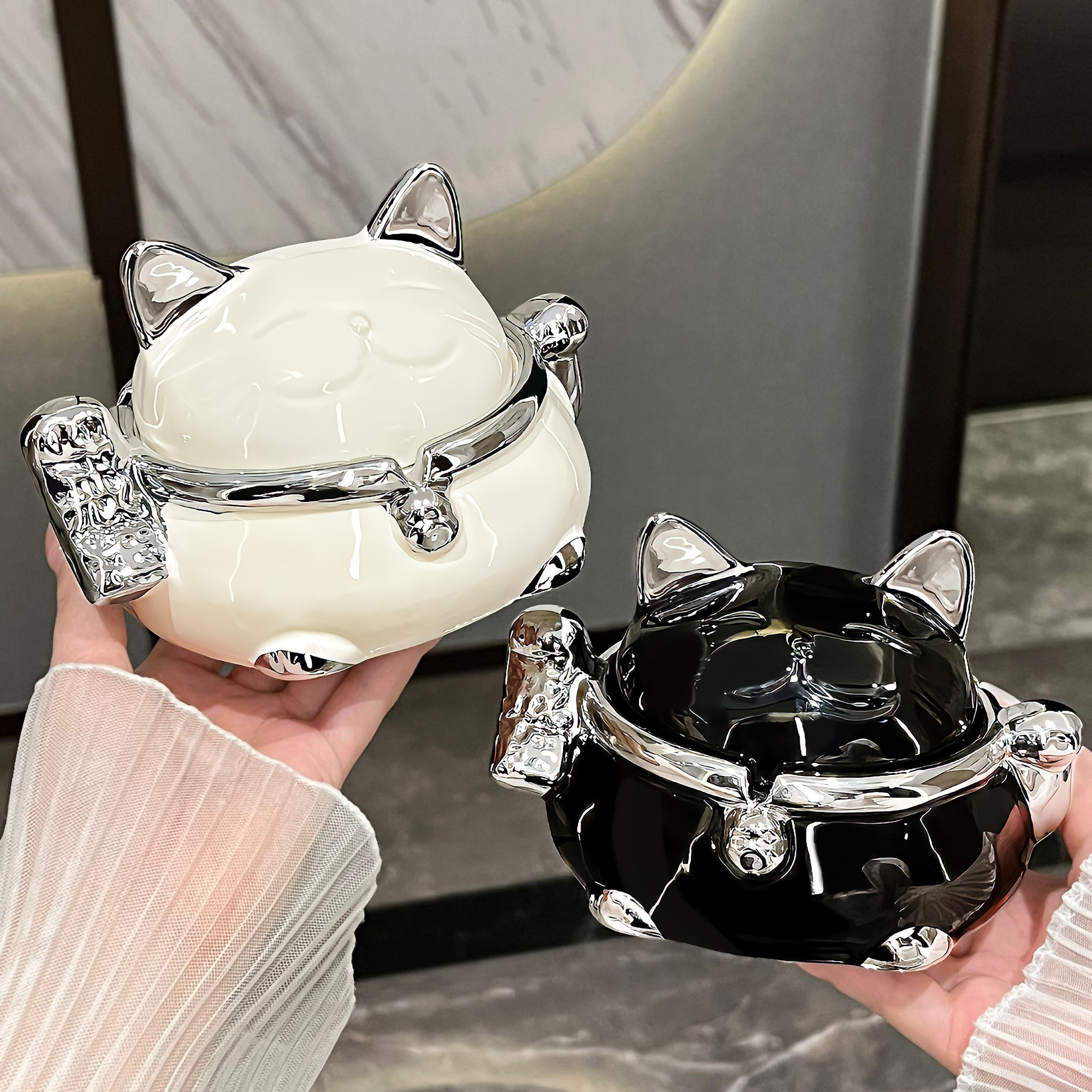 轻奢招财猫烟灰缸带盖防飞灰创意个性客厅家用办公室烟缸高级感商品图
