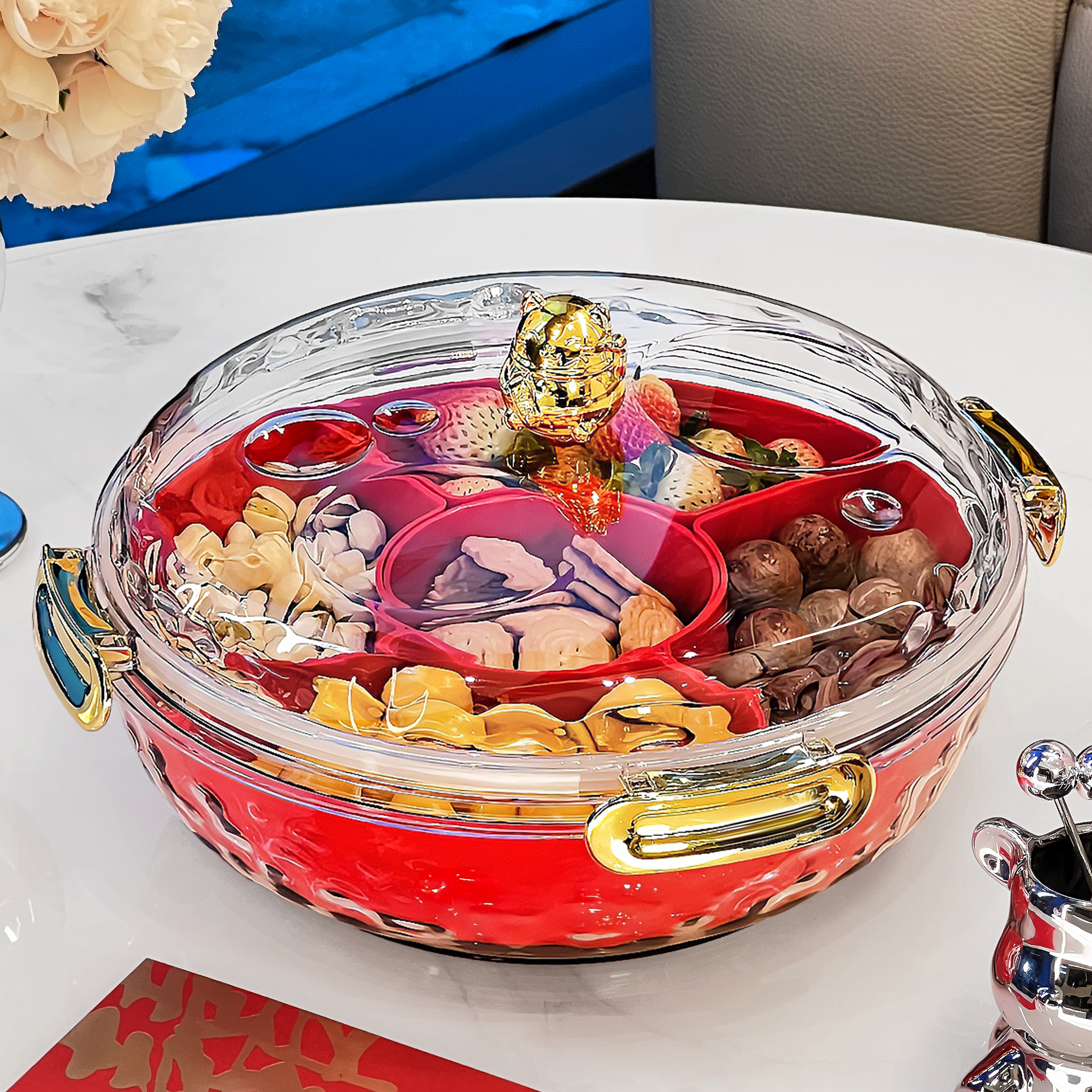 BSD中式旋转密封分格带盖零食糖果盒客厅茶几干果盘结婚红色乔迁