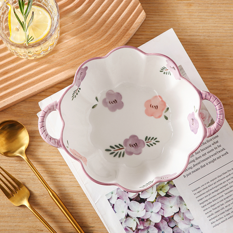 【2个装】紫萱花大号陶瓷花边双耳深汤碗