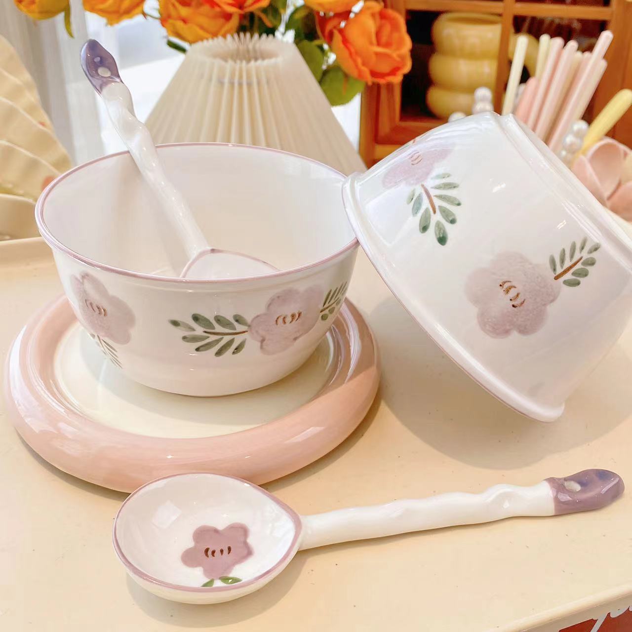 紫萱花家用陶瓷米饭碗吃饭碗陶瓷米饭碗2碗2勺